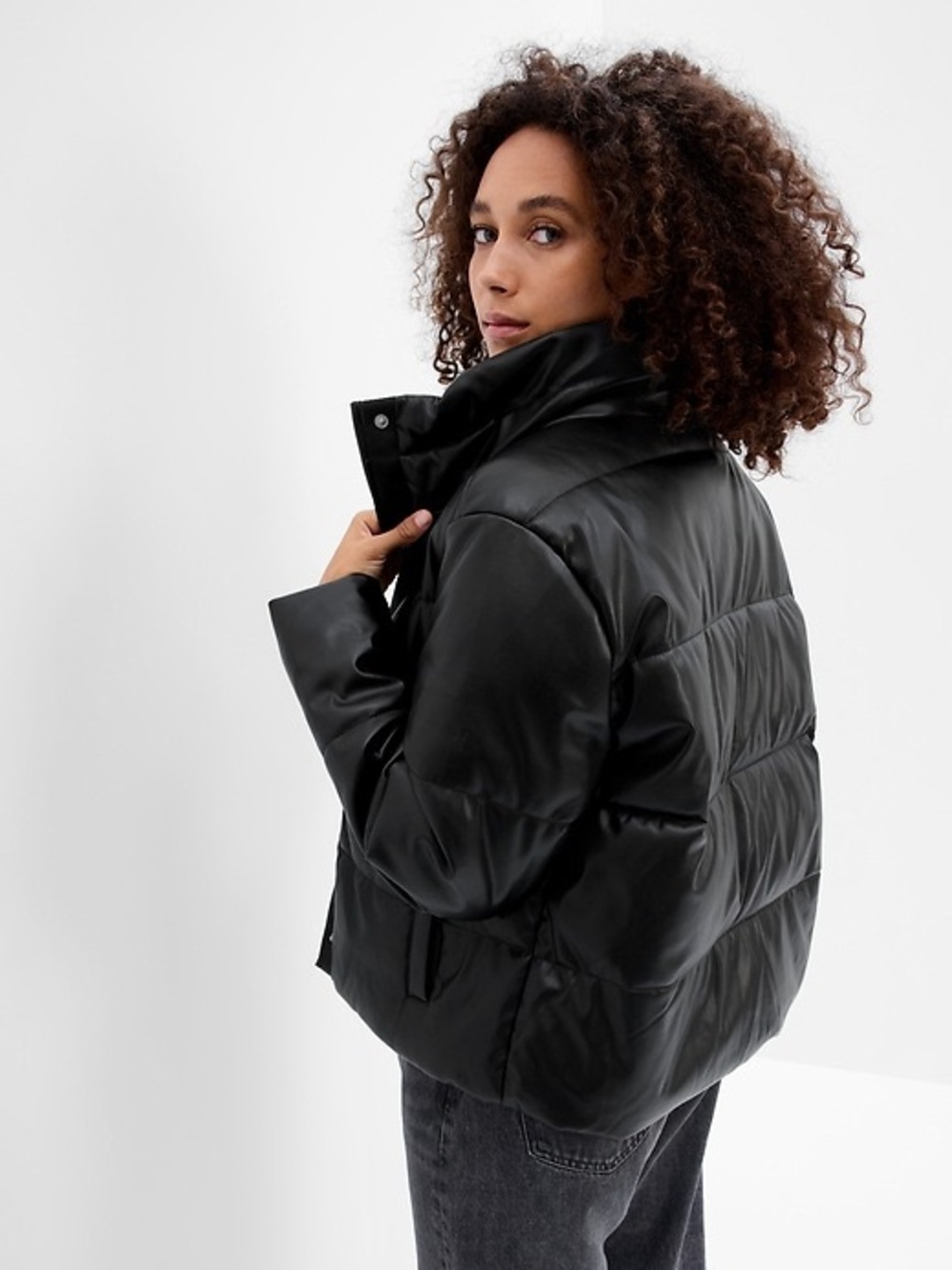 GAP Black Faux-Leather Puffer Jacket Size S